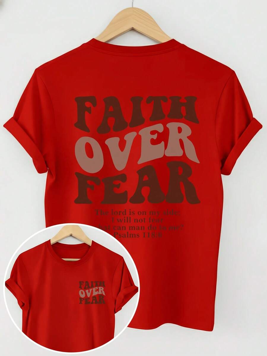 Camiseta de manga corta con cuello redondo y estampado inspirador en inglés: "Fe sobre la Miedo" - Rojo - Ver 1