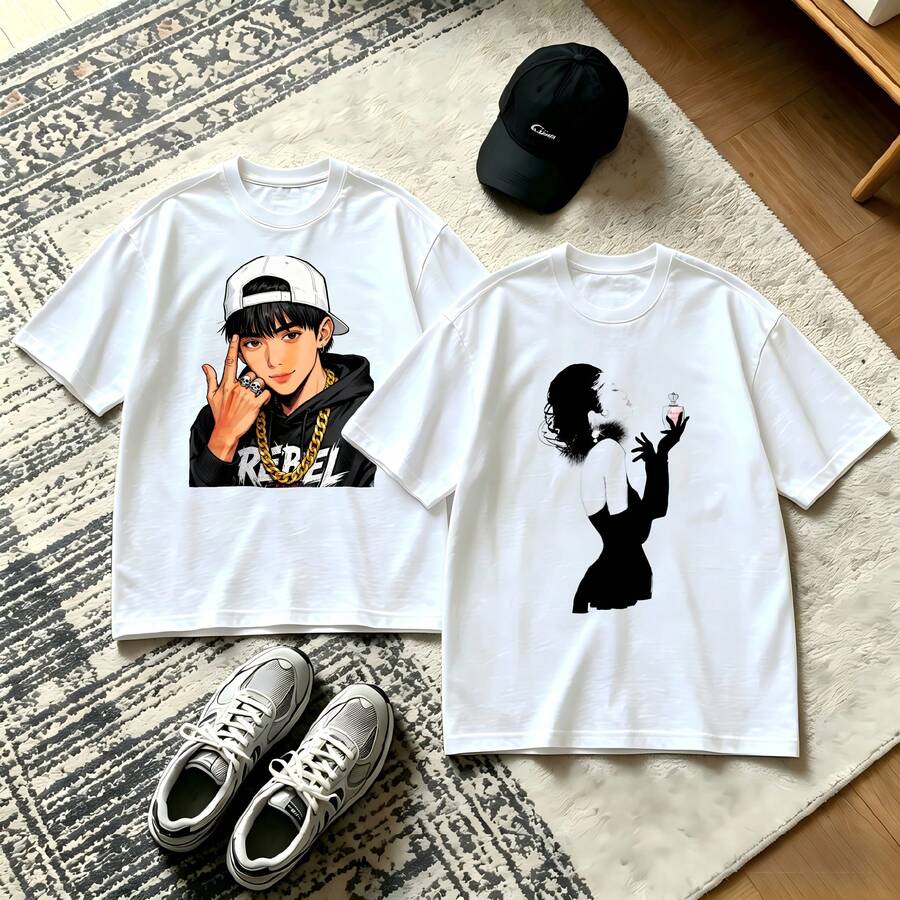 2-Piece Couple Matching Pattern T-Shirt, 100% Cotton, Loose Fit, Soft And Breathable, Casual Round Neck Short Sleeved Top New York City Skyline Lips Look On The Bright Side Hearts Versatile Patterns No Picky Combinations Coordinated Dating Casual Travel Simple And Cartoonish Printing Styles High - 白色 - 查看 1
