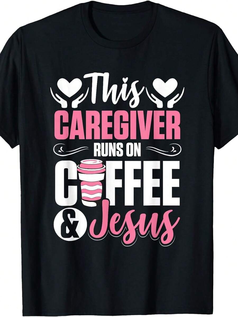 Plus Size - Plus Size - Women's Plus Size T-Shirt "This Caregiver Runs On Coffee" | Nurse & Caregiver Clothing, Short Sleeve, Crew Neck, Comfortable 180g Casual Top, Black, Crew Neck, Slightly Stretchy Fabric, Geometric Pattern