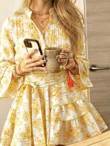 Vestido casual, elegante y romántico con estampado floral y botones delanteros para mujer, ideal para vacaciones - Amarillo - Ver 3