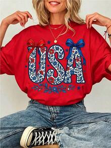 Women's Casual USA Floral Print T-Shirt With Bow, 100% Cotton, Flirty Patriotic Style, Soft And Breathable Summer Clothes, Y2K Style For The 4th Of July, Urban Casual Wear, Unique Gift For Her, 100% Cotton, Durable - 紅色 - 查看 7