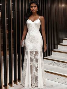 Women's Elegant White Shiny Lace Fitted Spaghetti Strap Maxi Dress, Suitable For Dates, Parties, Birthday Parties, Cocktail Parties, Formal Dinners - White - View 10