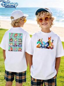 [Authorized] Zootopia 2026 Print Disney Boy's Summer Round Neck Casual T-Shirt, Slightly Stretchy Fabric, Suitable For Birthday Gifts, Perfect For Daily Activities, Sports, And Travel, Summer T-Shirts For Boys - trắng - Xem 1