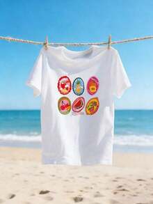 Women's Fruit Print Crew Neck T-Shirt - Soft Short Sleeve Casual Top With Inspirational "Fruit Of The Spirit" Design, Loose Fit Casual T-Shirt, Crew Neck, Short Sleeve, For Spring And Summer, Daily Wear, Loose And Comfortable. - 白色 - 查看 2