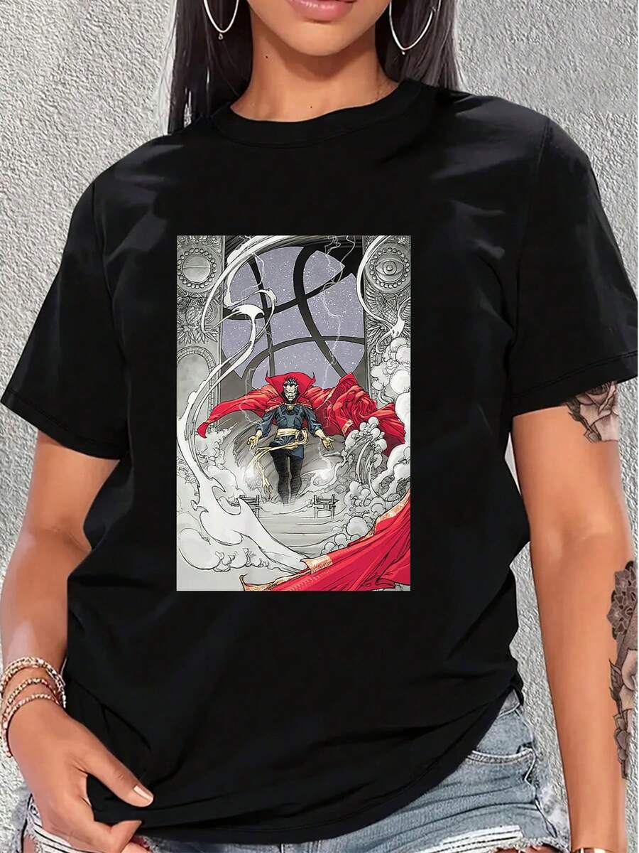 Figura heroica rodeada de energía mística y nubes simbolizando poder interior y sabiduría en el camino de la transformación, camiseta de mujer cómoda y moderna para uso diario - Negro - Ver 1