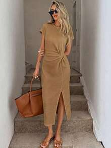 Vestido midi casual de mujer con estampado de lunares, cintura retorcida y abertura alta sin mangas; Vestido ajustado texturizado casual de mujer; Conjunto de fitness de mujer; Vestido de invitada de boda de mujer; Atuendo de oficina de mujer - Caqui - Ver 5