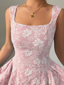 Vestido mini azul de mujer con cuello ancho, sin mangas, cintura recogida y textura de jacquard, elegante y romántico para graduación, baile de graduación, fiesta, festival de música, vacaciones - Rosa Pálido - Ver 4