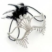 1 pieza Máscara de moda con plumas y rhinestones, 1 pieza Máscara de cantante de etapa de Halloween con flecos de rhinestones, 1 pieza Accesorio de joyería de rendimiento para mujer - Plateado - Ver 7