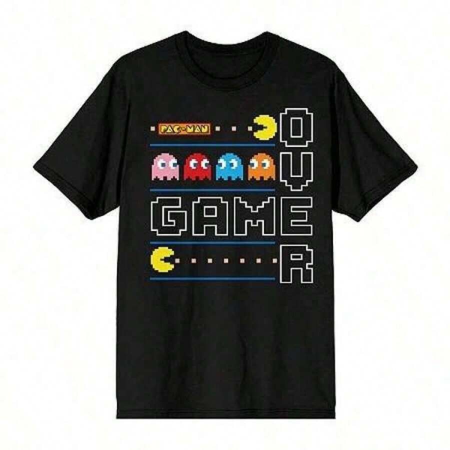 1pc Casual Algodón Camiseta para mujer Deportivo Apto para llevar en primavera verano otoño e invierno Camisetas para parejas con diseño de Pacman y fantasmas retro estilo pixel art - Negro - Ver 1