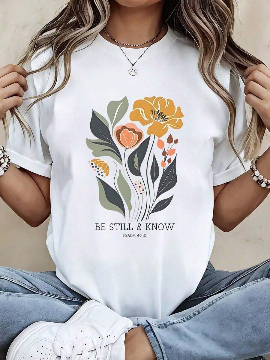 Modern And Minimalist Women's T-Shirt, Floral Design, Inspirational Phrase "Be Still And Know Psalm 60", Casual Top For Everyday Wear, Yoga Wear, Summer Style, Casual T-Shirt For Daily Use - 白色 - 查看 1