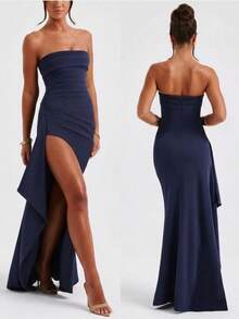 1pc Women's Solid Strapless Ruched High Slit Bodycon Long Tube Dress, Sexy Formal Party Gown, Graduation & Date & Wedding Guest & Cocktail Maxi Dress - 藏蓝色 - 查看 4