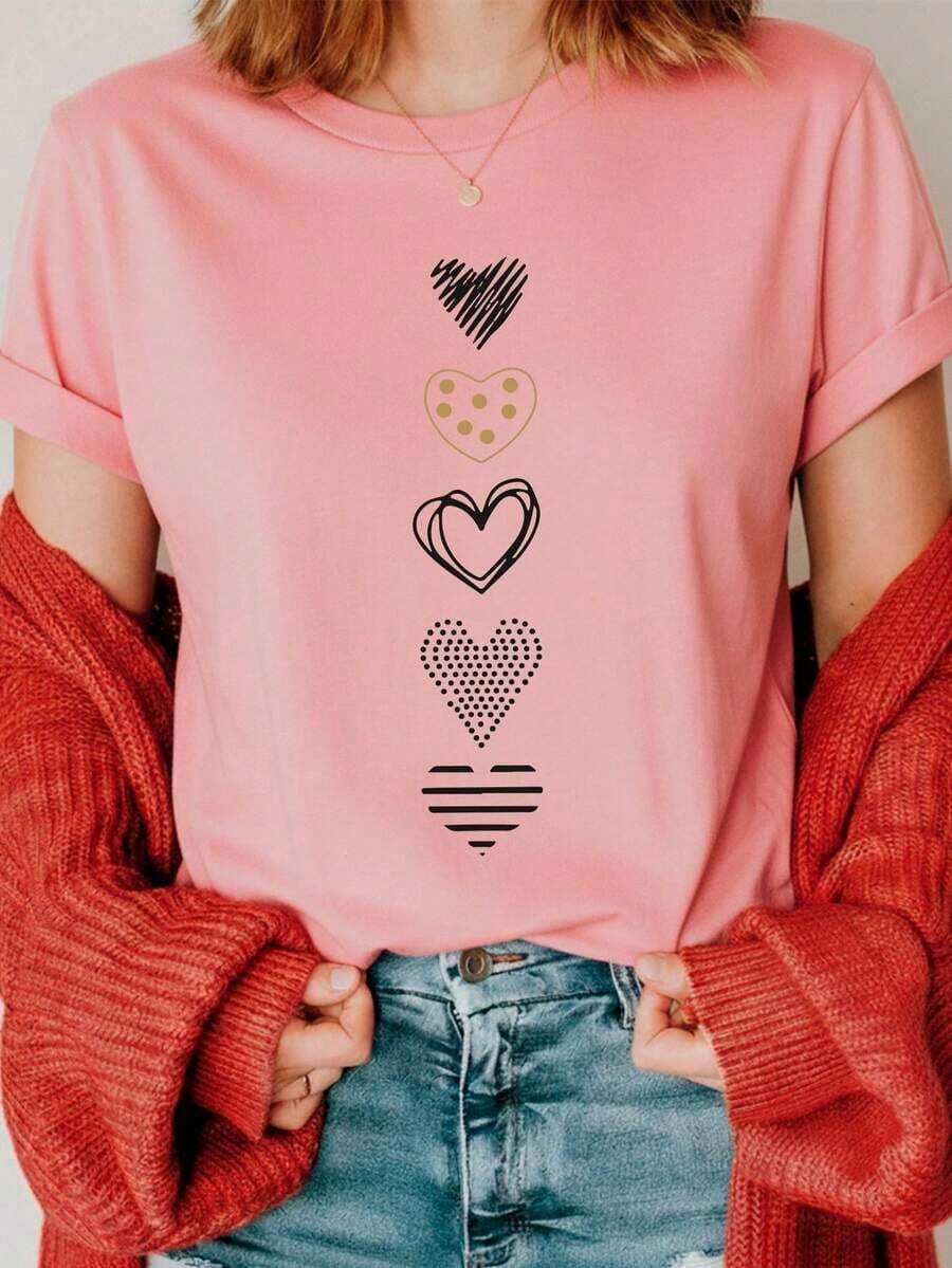 Women's 100% Cotton T-Shirt With A Soft And Comfortable Texture, Round Neck And Short Sleeves, Ideal For Any Occasion, With A Heart Print. - 羅莎 - 查看 1