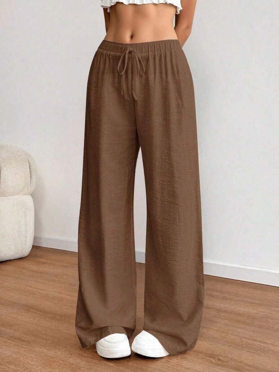 Women's Loose-Fitting, Low-Waisted Linen Trousers In A Bohemian And Casual Style, Wide-Leg And Relaxed Drawstring Pants, Soft And Comfortable, Suitable For Everyday Casual Wear And Holidays, All Year Round, Spring - 全穀類咖啡 - 查看 1