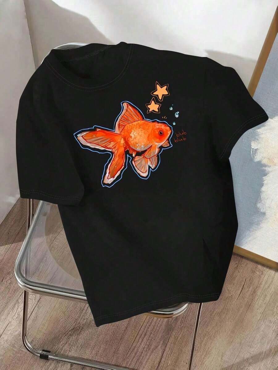 Simple And Versatile Design: Women's T-Shirt With Colorful Goldfish Print, Soft Fabric, Medium Elasticity, Casual Round Neck, Goldfish Bubble Design With Orange And Pink Colors, Ideal For Casual Daily Wear And Themed Events, Versatile Layering Piece, Cotton, Size S, The Best Gift T-Shirt For Friends Or Family, Suitable For Both Men And Women, Sizes S-XXXL, Black Cotton T-Shirt. - 黑色 - 查看 1