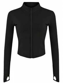 Y2K Style Yoga Jacket With Zipper - Slim Fit Design And Long Sleeves With Thumbholes - 黑色 - 查看 7