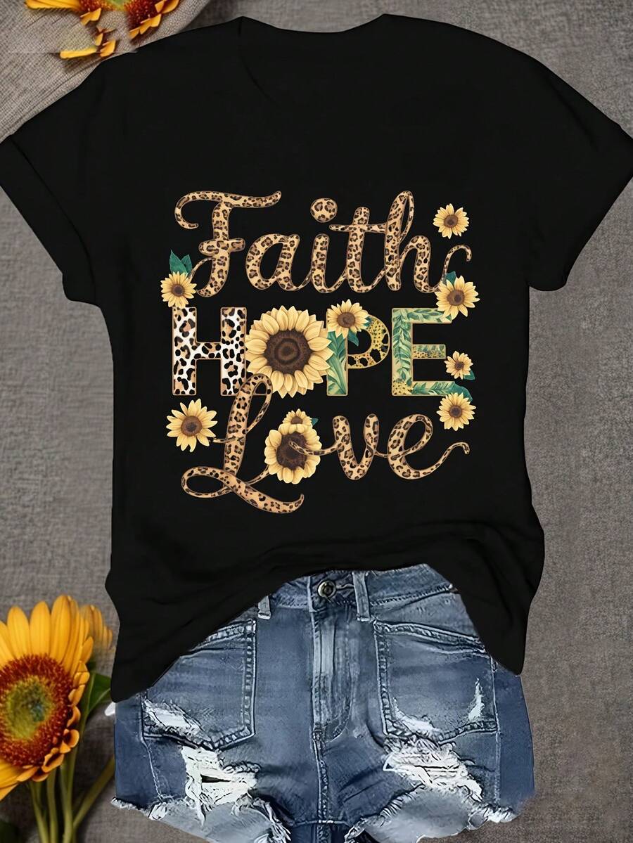 Plus Size, Women'S Faith Hope Love Heart T-Shirt - Black Inspirational Sunflower & Faith Lettering Print, Lightweight Quick-Dry Breathable Fabric, Christian Church Apparel, Casual Casual Attire, Short Sleeve Round Neck Top With Faith-Based Design - 黑色 - 查看 1