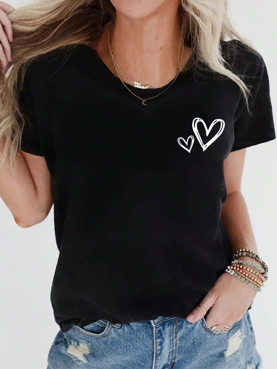 Camiseta Casual Suave y Transpirable con Dos Pequeños Corazones, Corte Holgado y Adorable