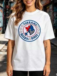 Camiseta de manga corta holgada y versátil para mujer, estilo deportivo, con estampado de dibujos animados de béisbol Bluebird, novedad de verano. - Negro - Ver 7