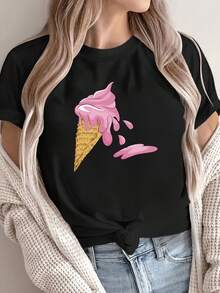 Women's Casual Short Sleeve T-Shirt With Ice Cream Print, 100% Polyester, Crew Neck, Regular Length Knit Fabric For All Seasons - Available In Pink And Red - 黑色 - 查看 5