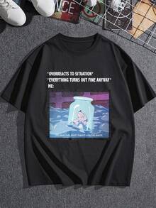 A Humorous Illustration Depicting A Young Woman Trapped Inside A Jar Floating In Water, Expressing A Mixture Of Sadness And Ironic Humor About Emotions; A Comfortable And Breathable Casual Women's T-Shirt - 黑色 - 查看 3