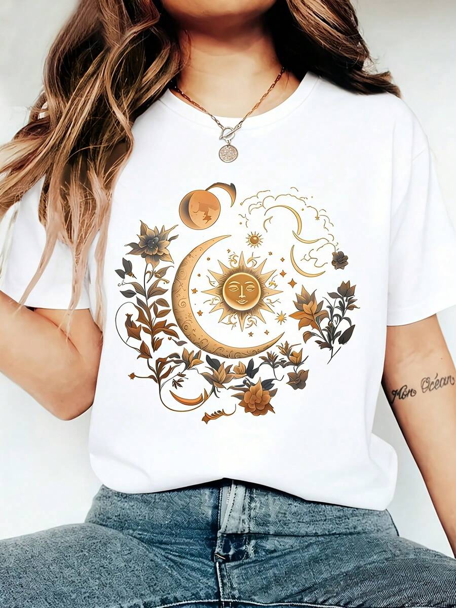 Camiseta de Mujer 2026 con Estampado Floral de Sol y Luna, Cuello Redondo, Manga Corta de Verano, Estilo Casual, Colores Brillantes y a la Moda, Camiseta Blanca Lisa para Mujer, Camiseta. - Blanco - Ver 1