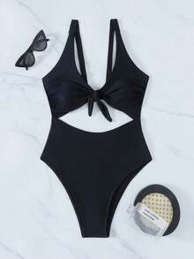 Swim Vcay Traje de baño de una pieza de unicolor negro elegante sin mangas, de cintura alta y con tirantes ajustables, para primavera/verano 2026 - Negro - Ver 2