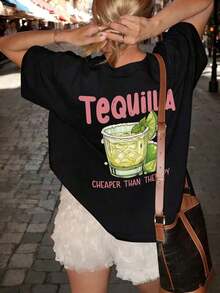 Camiseta de manga corta con cuello redondo y estampado de eslogan simple para mujer, estilo casual de verano, corte holgado, ideal para uso diario y vacaciones.Camiseta de mujer.Blanco, transpirable y cómodo - Negro - Ver 7