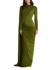 Round Neck Dress With Long Sleeves, Fitted Cut With Pleats And Floating Ribbons, Elegant And Modern Style. - Green - View 5