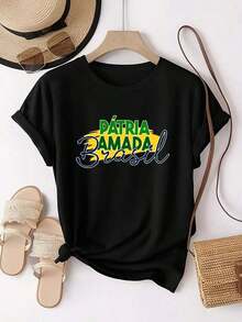 Women's Casual Top. "BELOVED HOMELAND Brazil" Patriotic Print Design, Custom Print, Fashionable Short Sleeve Crew Neck Sports T-Shirt For Everyday Wear, Comfortable Women's Top. A Must-Have For Casual Daily Wear: Short Sleeve T-Shirt. - 黑色 - 查看 7