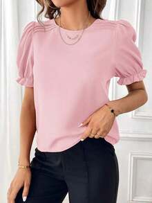 Blusa con mangas abullonadas, blusas de manga corta - Rosa - Ver 5