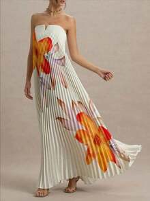 Long, European-Style Printed Off-The-Shoulder Dress, Loose Fit With Elaborate Pleats. - 白色 - 查看 8