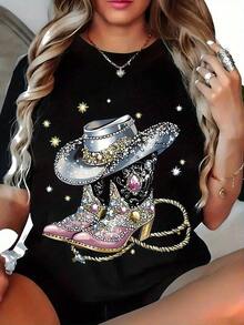 Plus Size - Plus Size - Women's Casual Cowboy Boot Design T-Shirt With Rhinestones - Soft, Machine Washable, Starry Sky Print, Fashionable Crew Neck Top, Suitable For All Seasons, Made Of Durable Fabric, Perfect Cowboy Style Accessory - 黑色 - 查看 6