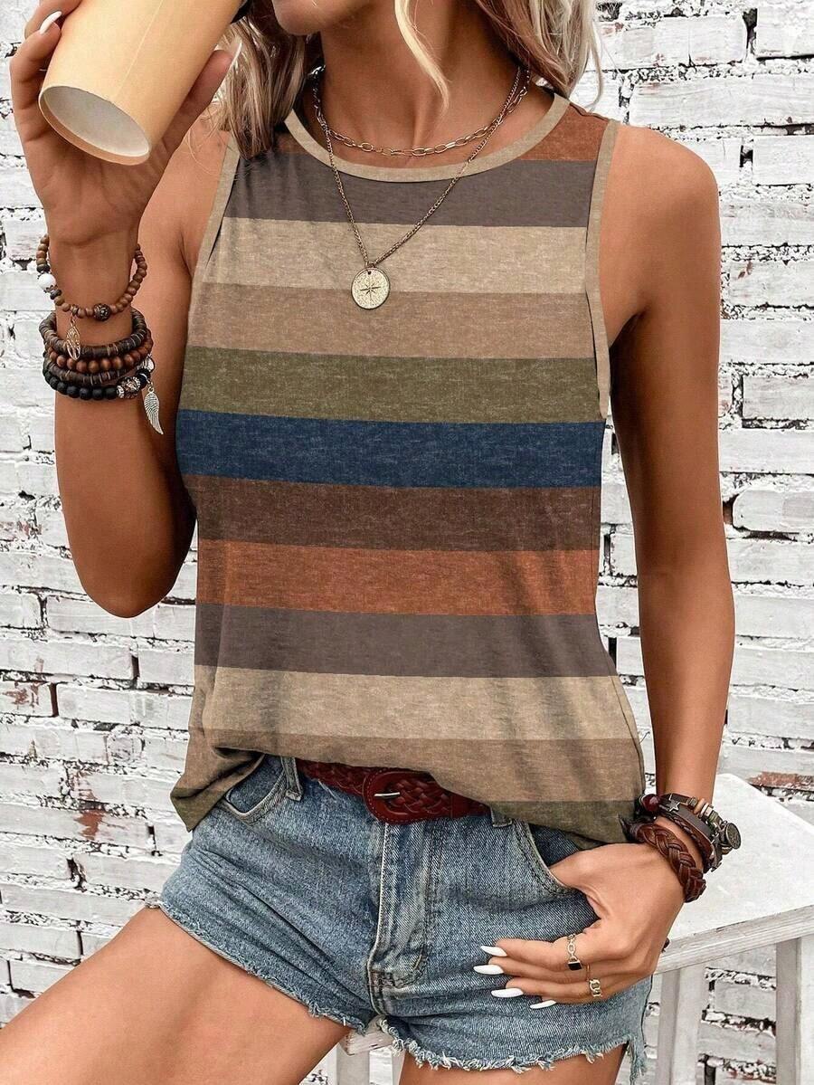 Camiseta de tirantes holgada de verano para mujer, estampado de patrón de correa de mezclilla, elegante y versátil, apta para uso casual, vacaciones y paseos, con un estilo minimalista y retro - Multicolor 8 - Ver 1