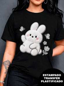 Soft Printed T-Shirt With A Rabbit Design, Plush Effect And Embroidery But It's A Print, Colorful, Modern, Casual T-Shirt, Round Neck, Short Sleeves, Ideal For Everyday Wear, Loose Fit, Fashionable, For Daily Use, Elegant Blouses For Women - 黑色 - 查看 7