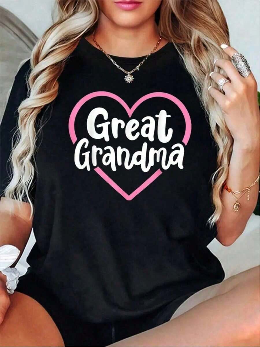 Cotton Crew Neck T-Shirt With Great-Grandma Print, % Cotton, Summer, Soft, Short Sleeve, Stylish And Comfortable. Women's Blouses Shirt - 黑色 - 查看 1