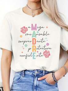 1 Piece Women's Casual Graphic T-Shirt With Funny Print "Amazing Friend, Protective, Confident," Short Sleeve, Round Neck, Lightweight, For Spring And Summer, Casual Wear, 180g, 100% Cotton - 白色 - 查看 8