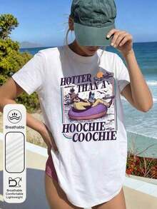 1 pieza de camiseta estampada, camisetas de algodón con diseño gráfico, camisetas de mujer para vacaciones con estampado de hombre con sombrero de vaquero, cuello redondo, manga corta, estilo vintage, camisetas de verano para mujer, camisetas de playa para mujer con estampado de aro salvavidas morado, cuello redondo, manga corta, estilo casual de verano, camisetas blancas para mujer. Camiseta de Verano para Mujer con Estampado de Atardecer y Ondas de Agua, Cuello Redondo, Manga Corta, Estilo Y2K, 180g Algodón 100% - Blanco - Ver 7