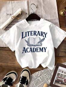 Camisetas manga corta mujer crew neck T-shirt Camiseta con texto "LITERARY ACADEMY" y libro con pluma, estilo literario académico, manga corta, cuello redondo - Blanco - Ver 5