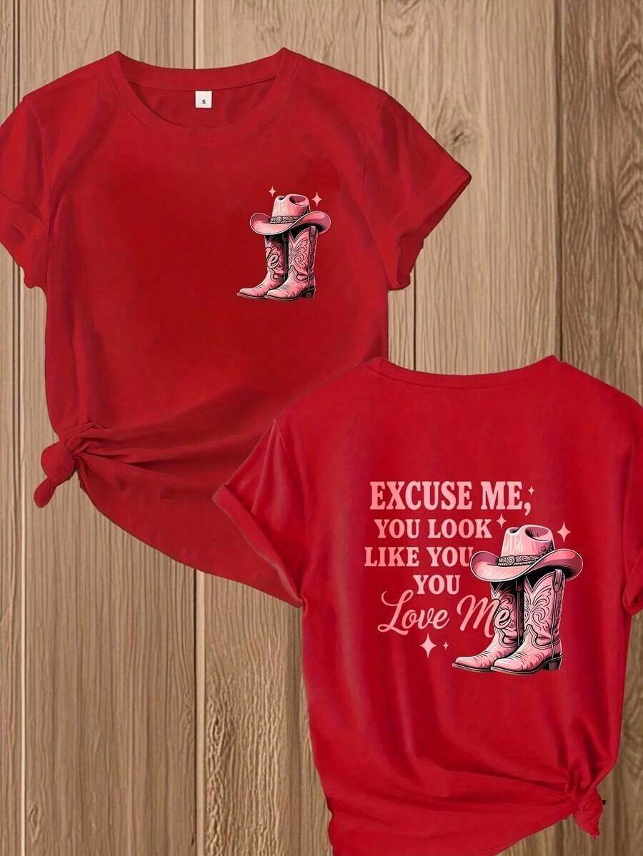 Women's Double-Sided Cotton T-Shirt With Colorful Print, Western Style, Featuring Cowboy Boots And Hat, Funny Slogan Tee, Perfect For Country Music Fans, Casual Top For Summer, New Arrival. - 紅色 - 查看 1