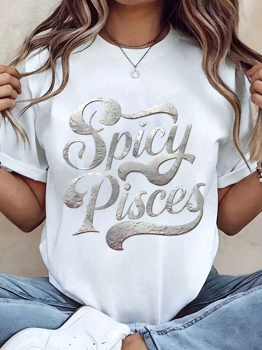 Women's Casual T-Shirt With Spicy Pisces Print, Round Neck, Casual Top For Everyday Wear, Gift Idea, 220g, Long Sleeve - 白色 - 查看 1