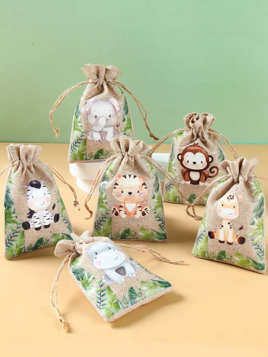 6入叢林動物抽繩袋 束口小袋 禮品包裝袋 包裝用品 生日派對用品 兒童生日禮物 派對小禮物 零食收納袋 糖果袋 派對袋填充物 嬰兒洗禮 1歲生日 家庭生日佈置 叢林主題派對