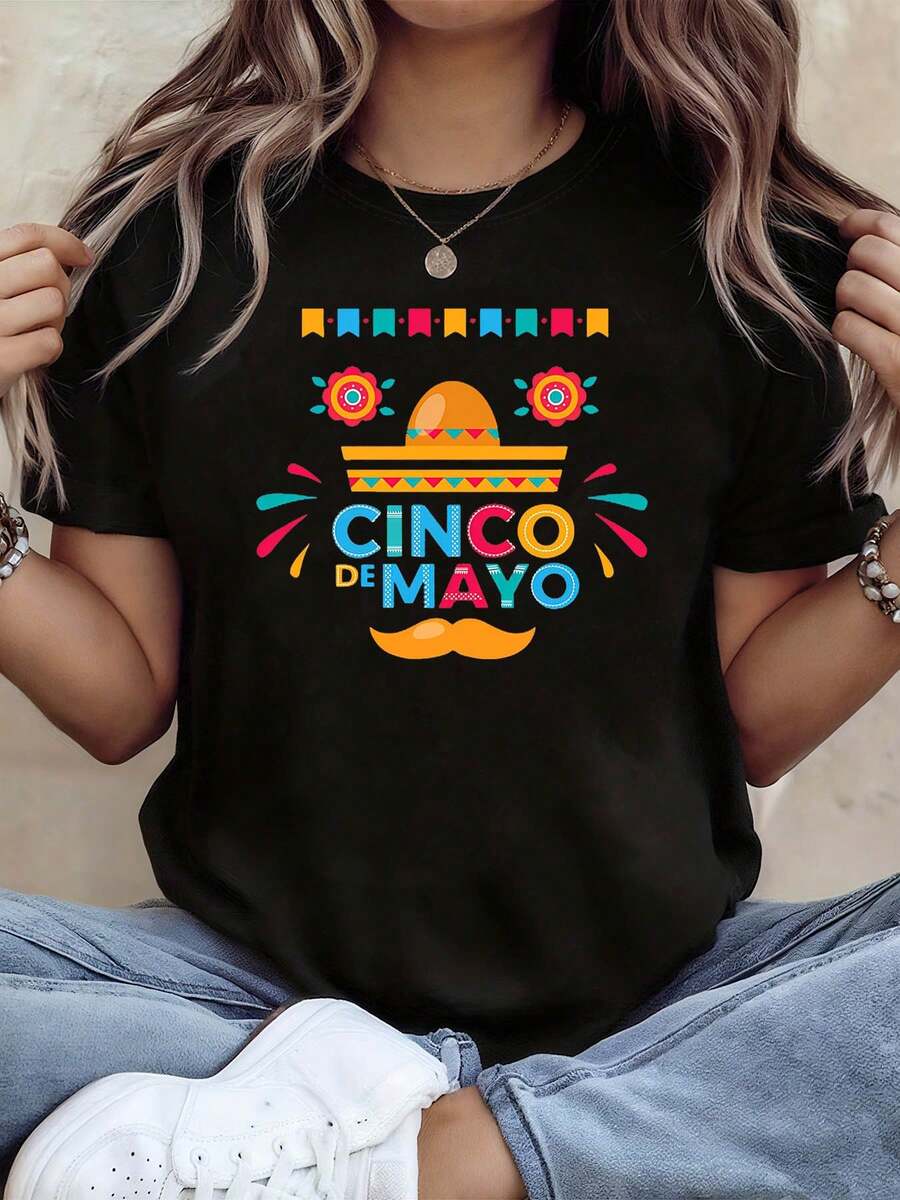 Women's T-Shirt With Mexican Hat Print For Cinco De Mayo, Festive Cultural Event T-Shirt, Vibrant Short Sleeve Festive T-Shirt For Women - 黑色 - 查看 1