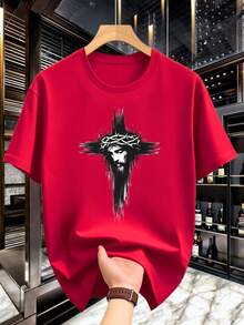 T-Shirt With Cross Print - Casual Short Sleeve Navy Blue T-Shirt, Thorns And Holy Chalice Design, Religious Icon, Crew Neck, Suitable For Religious Events And Daily Wear, Cross Pattern T-Shirt, Church T-Shirt, Christian T-Shirt - 紅色 - 查看 12