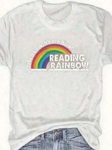 Women's Fitted T-Shirt With Y2K Print And Crew Neck - Plus Size - Red T-Shirt For Women - Rainbow Graphic Design T-Shirt For Reading And Books - Casual Everyday T-Shirt For Teachers And Book Lovers - Valentine's Day And Back-To-School Outfit - Soft Everyday T-Shirt, Teacher's Clothing, Fun Design, Comfortable Fit - Summer Festival Fashion, Heavyweight Cotton T-Shirt For Adults - 白色 - 查看 4