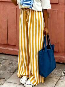 Pantalones sueltos y casuales a rayas para mujer, pantalones ligeros y cómodos de estilo bohemio elegante para primavera, verano y otoño, vacaciones en color rosa - Amarillo - Ver 6