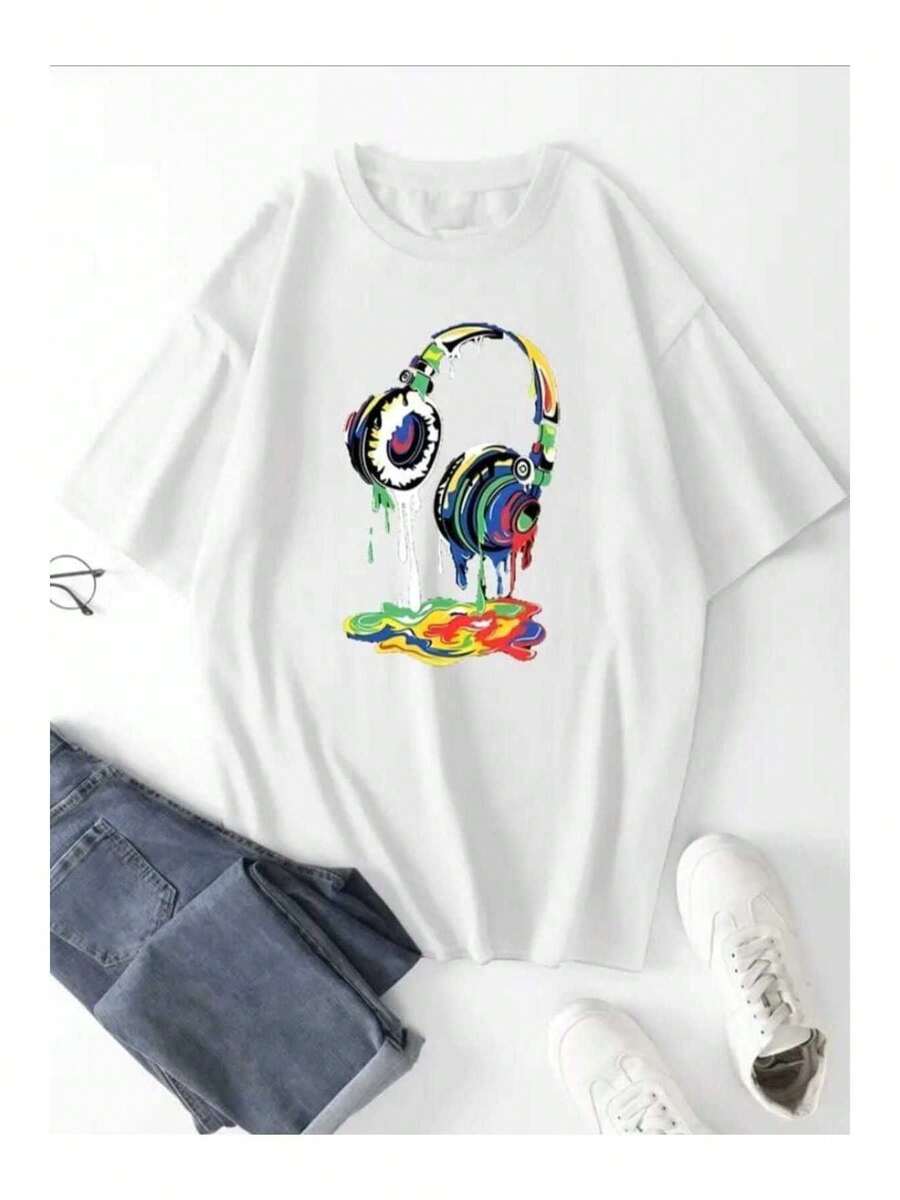 - Unisex Oversized Casual Summer Music Headphone Print T-Shirt, Comfortable And Loose, For Men - White - View 1
