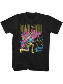Zack Morris "Saved By The Bell" Graphic T-Shirt, 90s Vintage Style, TV Series T-Shirt, Unisex, Soft And Breathable Cotton, Retro Black Top For Casual Wear, Gifts For Fans, Retro Parties, Adult Sizes, Nostalgic And Vibrant Print, Pop Culture Clothing. - 黑色 - 查看 8