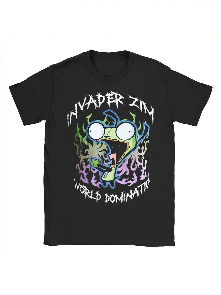Men's T-Shirt With World Domination Print Inspired By Invasion Z From Local Warehouse - Casual Crew Neck T-Shirt, Character Design In Green And Purple, Suitable For All Seasons, Ideal For Fans, Size S. - Black - View 1