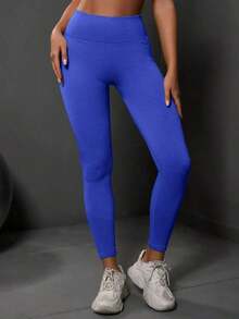 sin costuras de cintura alta de unicolor para uso diario, fitness y yoga para mujeres - azul real - Ver 4