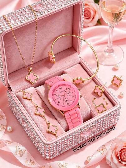 1pc/7pcs Set Women's New Silicone Material Watch, Cute Round Dial With Clover Jewelry Decoration, Includes Watch, Bracelet, Bangle, Necklace, Earrings, Ring, Suitable For Mother's Day Gift, Couple Wrist Watch Set, Best Choice For Holidays, Multi-Color Matching Available. Casual Women Watch